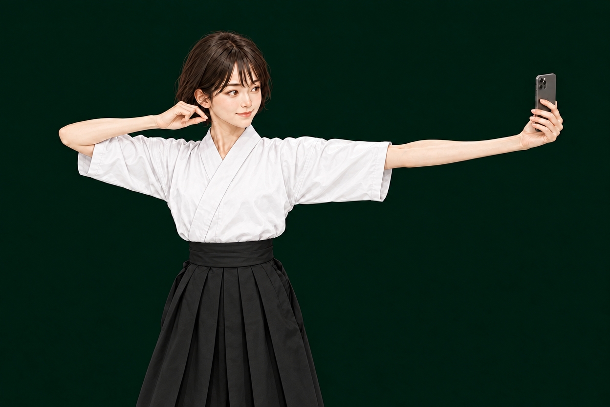 左腕を伸ばしてスマホを見たまま、右肘を横へ開き、つまんだ右手を口と同じ高さに下ろした姿。